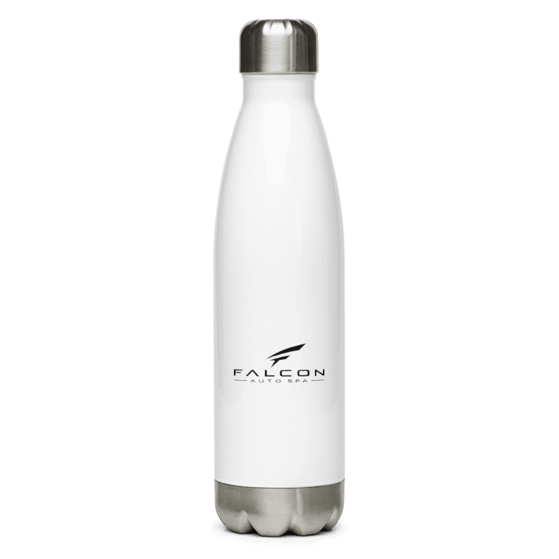 Actual Printful front mockup of the white 17 oz Falcon water bottle with black full Falcon name and emblem and stainless-steel screw-top lid