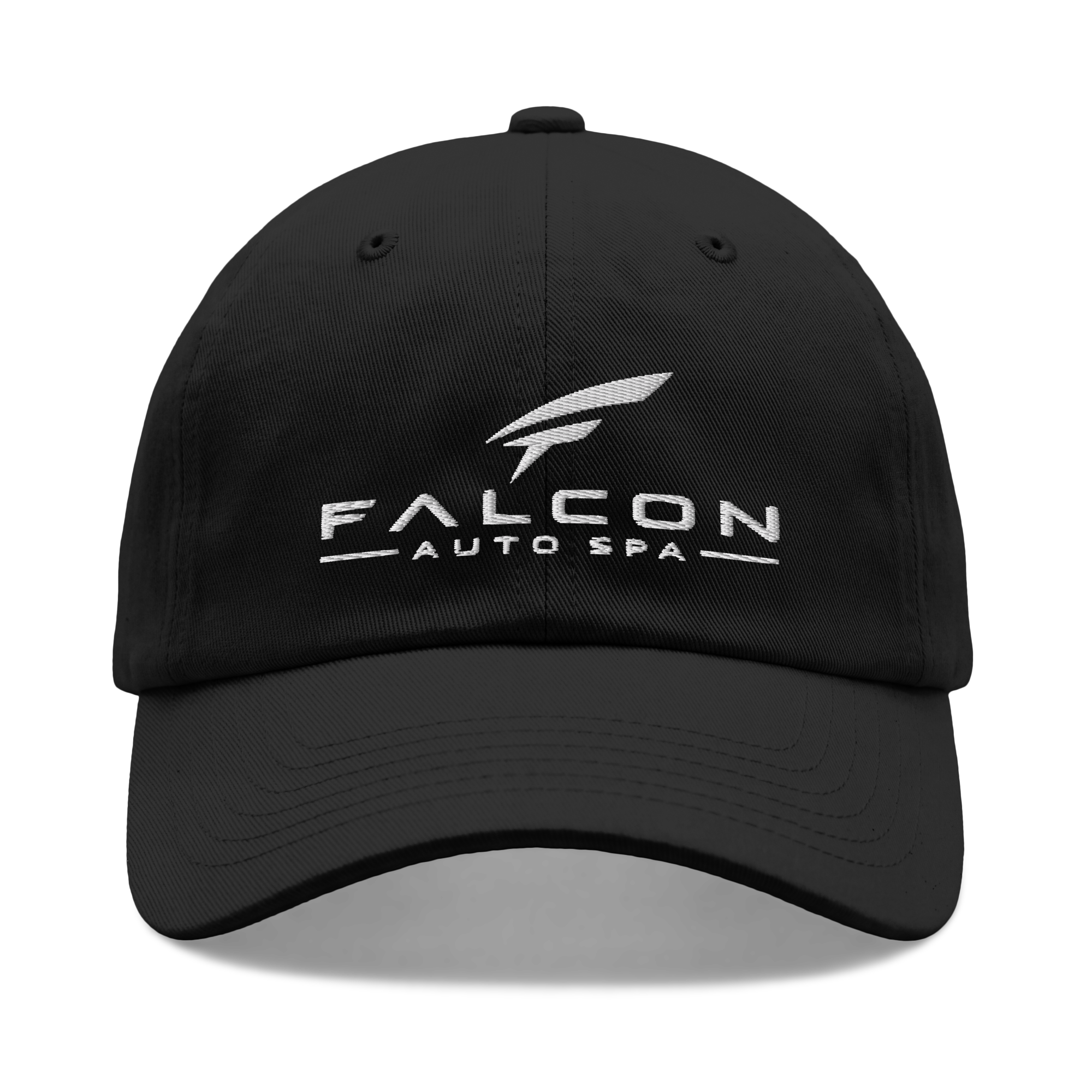 Actual Printful front mockup of the black Yupoong 6245PT cap with the white Falcon name and emblem embroidered above the brim
