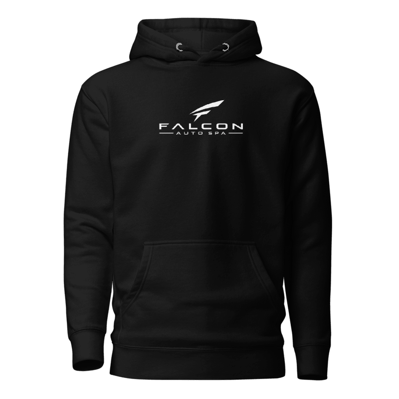 Actual Printful front mockup of the black M2580 hoodie with the white Falcon name and emblem printed on the upper chest