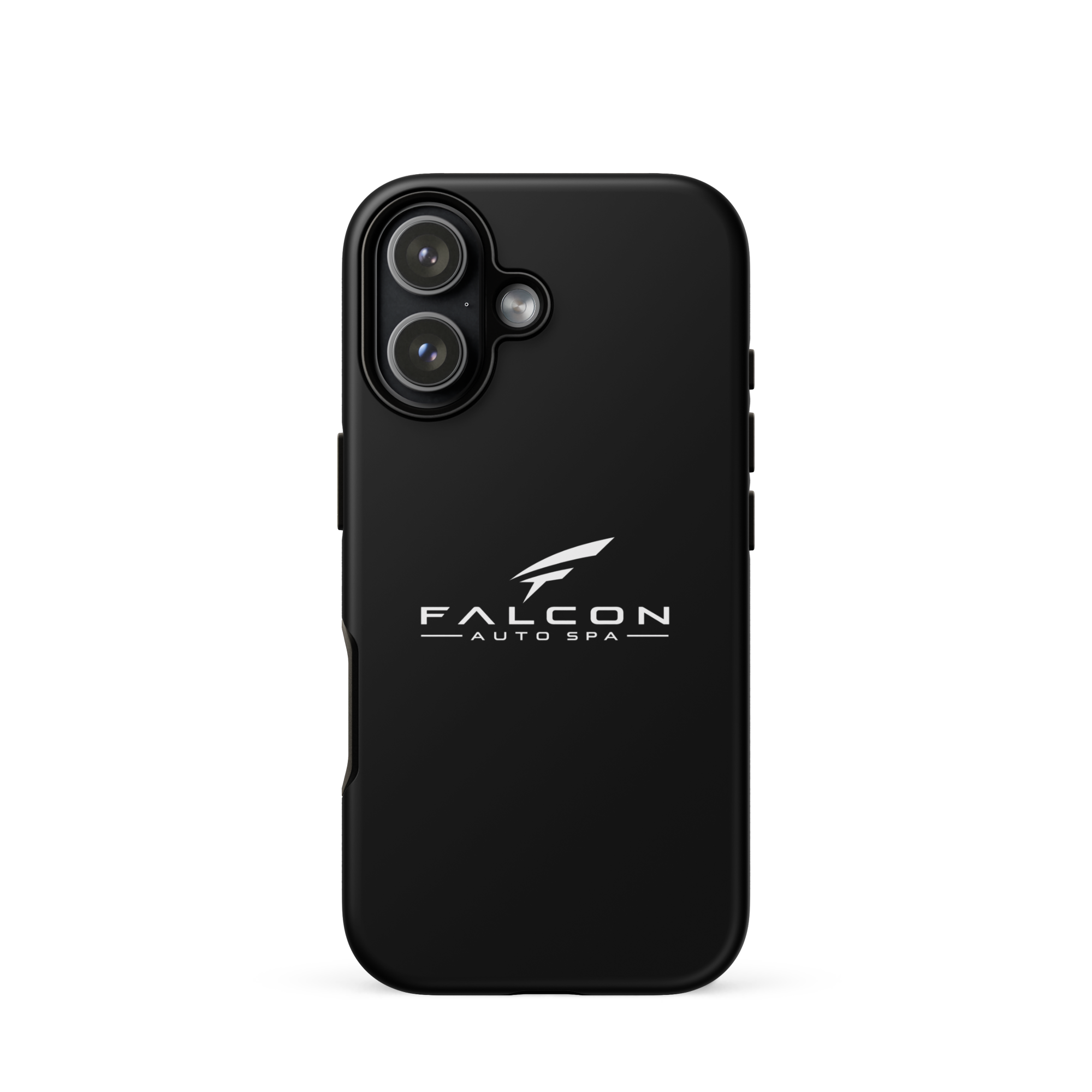 Actual Printful mockup of the black matte Falcon Name Tough iPhone 17 Case with the white Falcon Auto Spa name and emblem