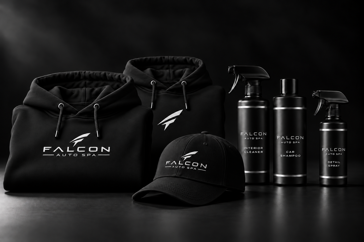 Styled collection preview of two folded black Falcon hoodies, an angled black Falcon cap and concept detailing bottles