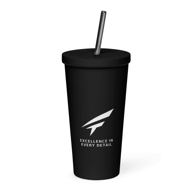Actual Printful front mockup of the black 20 oz Falcon tumbler with white emblem and EXCELLENCE IN EVERY DETAIL tagline, lid and straw