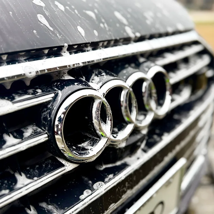 Audi grille emblem surrounded by white wash foam