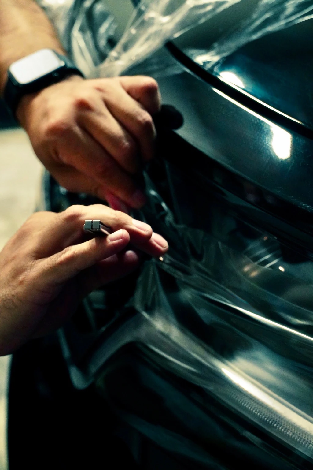 Hands precisely finishing protective film around a vehicle light