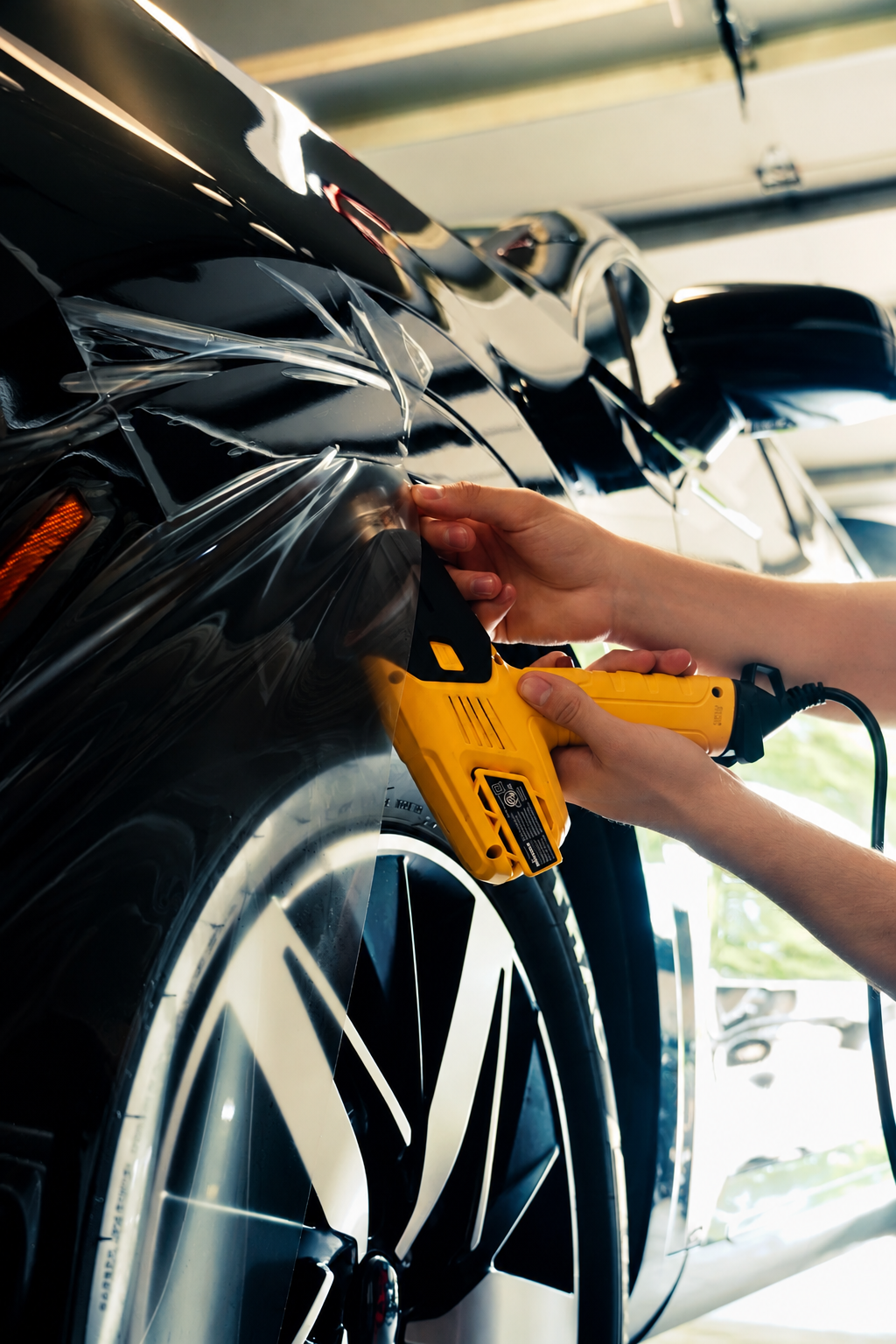 Hands using a heat gun to shape protective film over a wheel arch